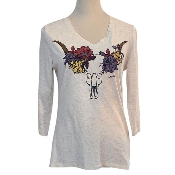 Ariat Tops - Ariat Womens M Elara Top Sandshell Heather Floral Cattle Skull Ranch Southwestrn
